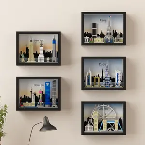 World Famous Landmark Skyline Building Blocks Set (with Frame), London, Shanghai, New York, Dubai, Paris, Medium Difficulty, 3D Decorative Toy Building Sets