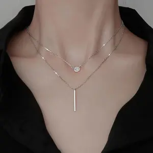 Women's Silver Double-Chain Long Stick Micro-Pave Zircon Round Pendant Clavicular Necklaces, Casual Style, Trendy Aesthetic Chain Jewelry for Women, Costume Fashion Accessories, Necklaces For Women, Trendy Necklaces