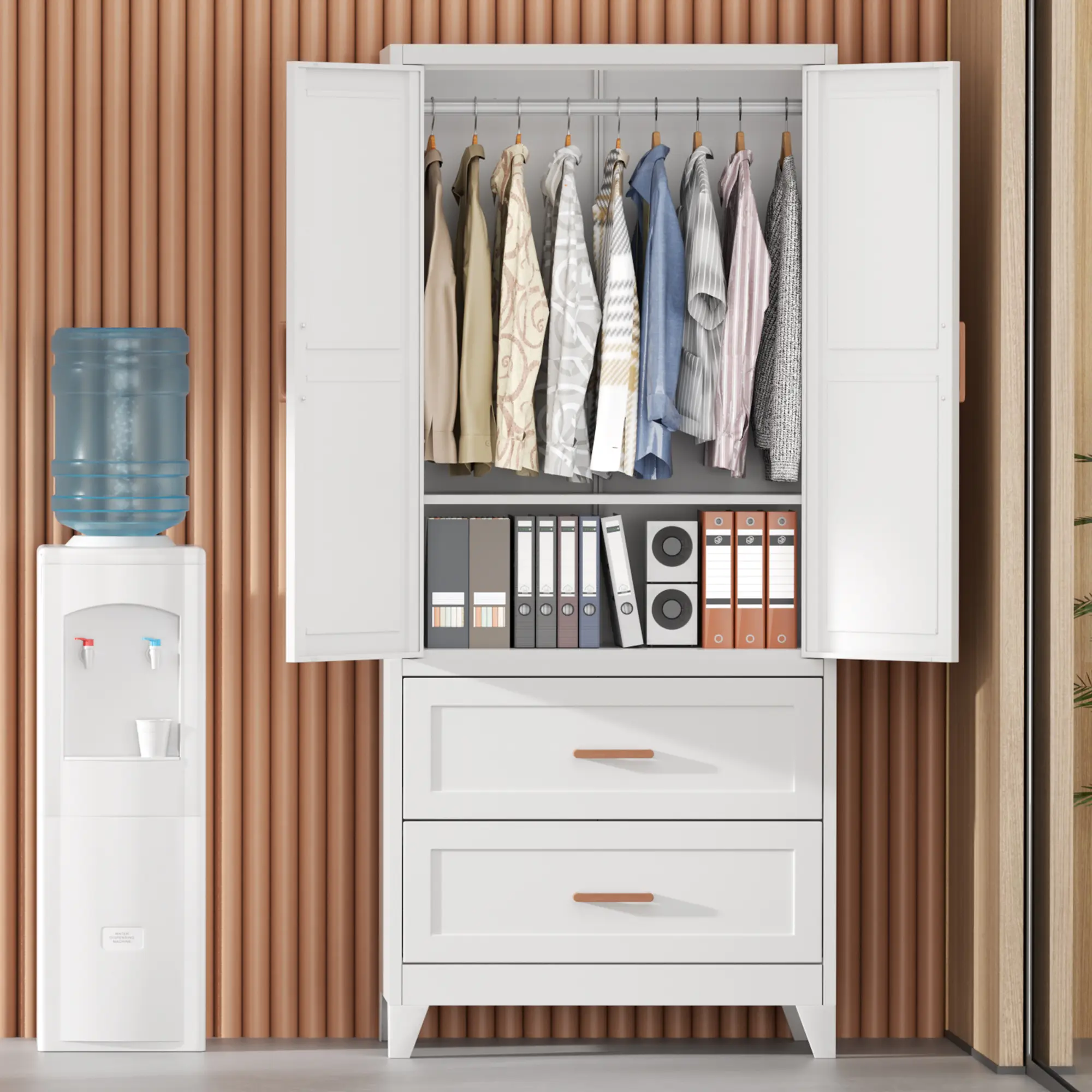 INTERGREAT Metal Armoire Wardrobe Closet with 2 Drawers, 71\" Wardrobe Cabinet with Adjustable Shelves and Hanging Rod, Clothing Storage Cabinet Closet for Bedroom-White