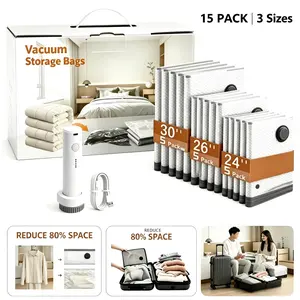 Cordless Travel Vacuum Storage Bags Set - 15 Pack Space Saver, USB Rechargeable Pump, 140L/Min Fast Compression, Waterproof Reusable Space Saver for Clothes, Suitcase & Carry-On Travel Packing Organizer.