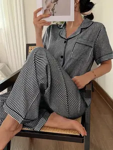Women's Striped Print Button Front Short Sleeve Top and Bow Tie Long Pants Pajama Set Loungewear, Casual Home Wear, All Seasons