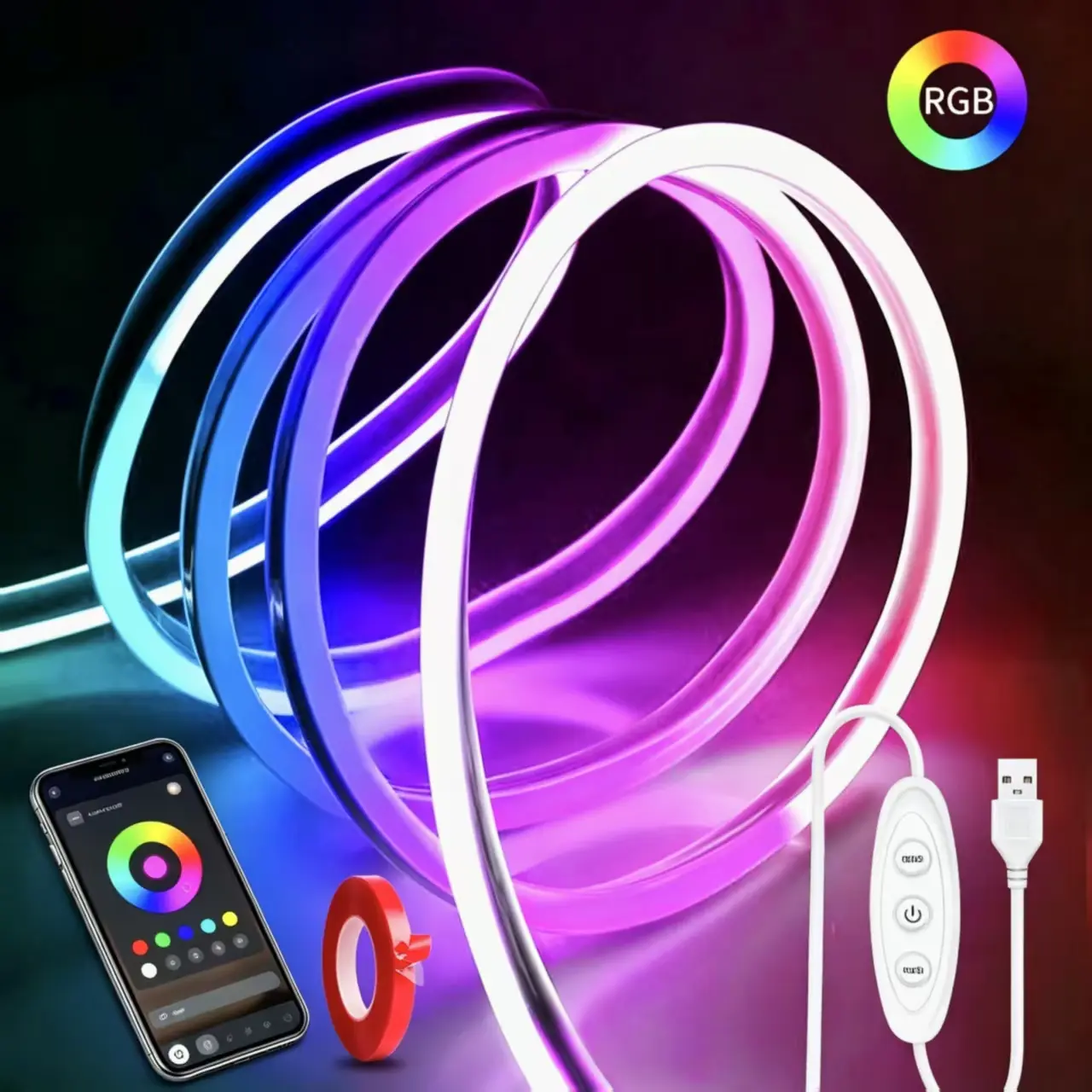 【DealsForYou】USB 5V RGB Neon LED Strip Lights - 1/2/3/5M Silicone Rope Lights with App & 3-Key Controller, Music Sync, Flexible DIY Color-Changing for Bedroom, Gaming Room Decor, Holiday Parties
