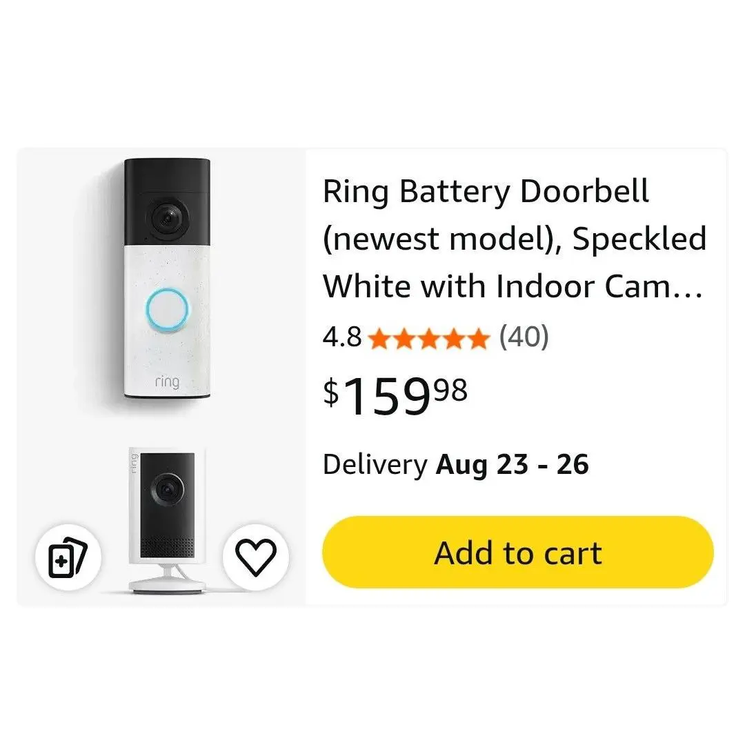 Ring Battery Doorbell Newest Model Speckled White with Indoor Cam 4.8 Stars 40 Reviews $159.98 Delivery Aug 23-26