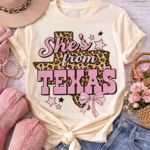 She's From Texas Tee - Leopard Print Design with Pink Bow and Stars, Casual Style, Perfect for Everyday Wear