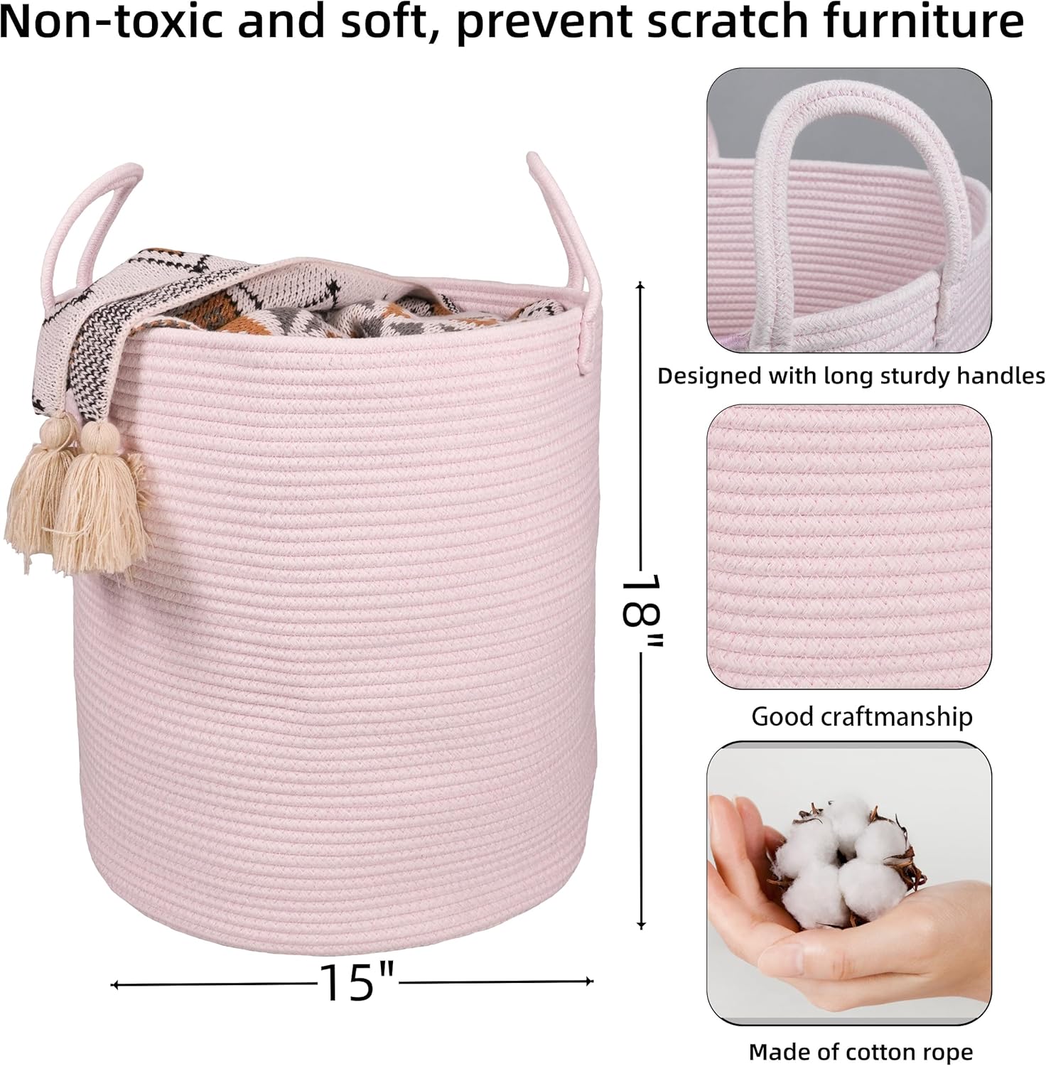 Cotton Rope Laundry Basket Hamper for Girls Kids Baby Nursery Hamper Bin Woven Storage Basket for Living Room Girls room Boho Tall Rope Baskets for Blanket Toys Large light pink Cotton Rope Laundry Basket Hamper for Girls Kids Baby Nursery Hamper Bin Woven Storage Basket for Living Room Girls room Boho Tall Rope Baskets for Blanket Toys Large light pink
