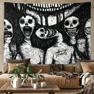 Ethereal Gothic Skull & Abstract Design Tapestry - Soft Peach Skin Velvet, Black And White Home Decor, Multi-Size Options For Bedroom & Living Room, Ideal Gift art home decor Decoration Boho Shabby Chic Brown Spooky bedroom decor