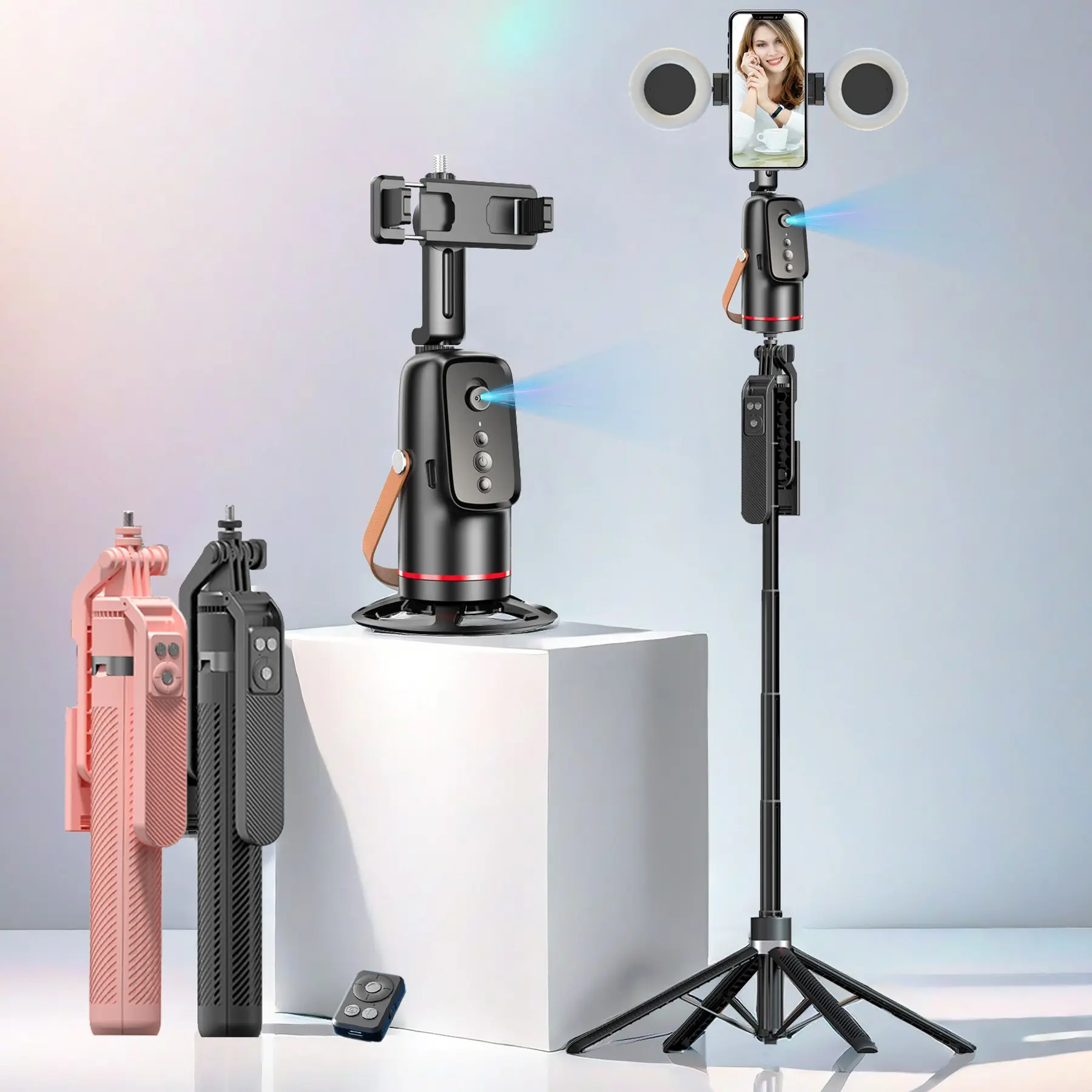 5-In-1 Smart Face Tracking Gimbal with Tripod, Wireless Selfie Remote, Light, Auto Rotation, Phone Stabilizer, Video Camera Mobile Phone Accessory Kit, Selfie Accessories