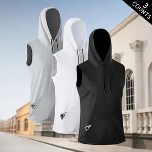3 Pack Men's Sports & Casual Hooded Tank Top - Lightweight Polyester with Kangaroo Pocket, Slight St