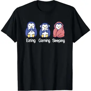 [100% pure cotton short-sleeved shirt] For both men and women, 1 "Eat, Play, Sleep" penguin fun T-shirt: Pure cotton soft and comfortable, suitable for all seasons