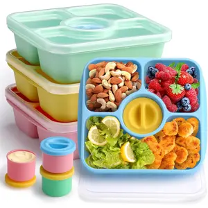 4 Pack Reusable Stackable Bento Lunch Snack Boxes for Adults Kids, Reusable Meal Prep Food Storage Containers with Clear Lids & 4 Sauce Cups, Pastel Color
