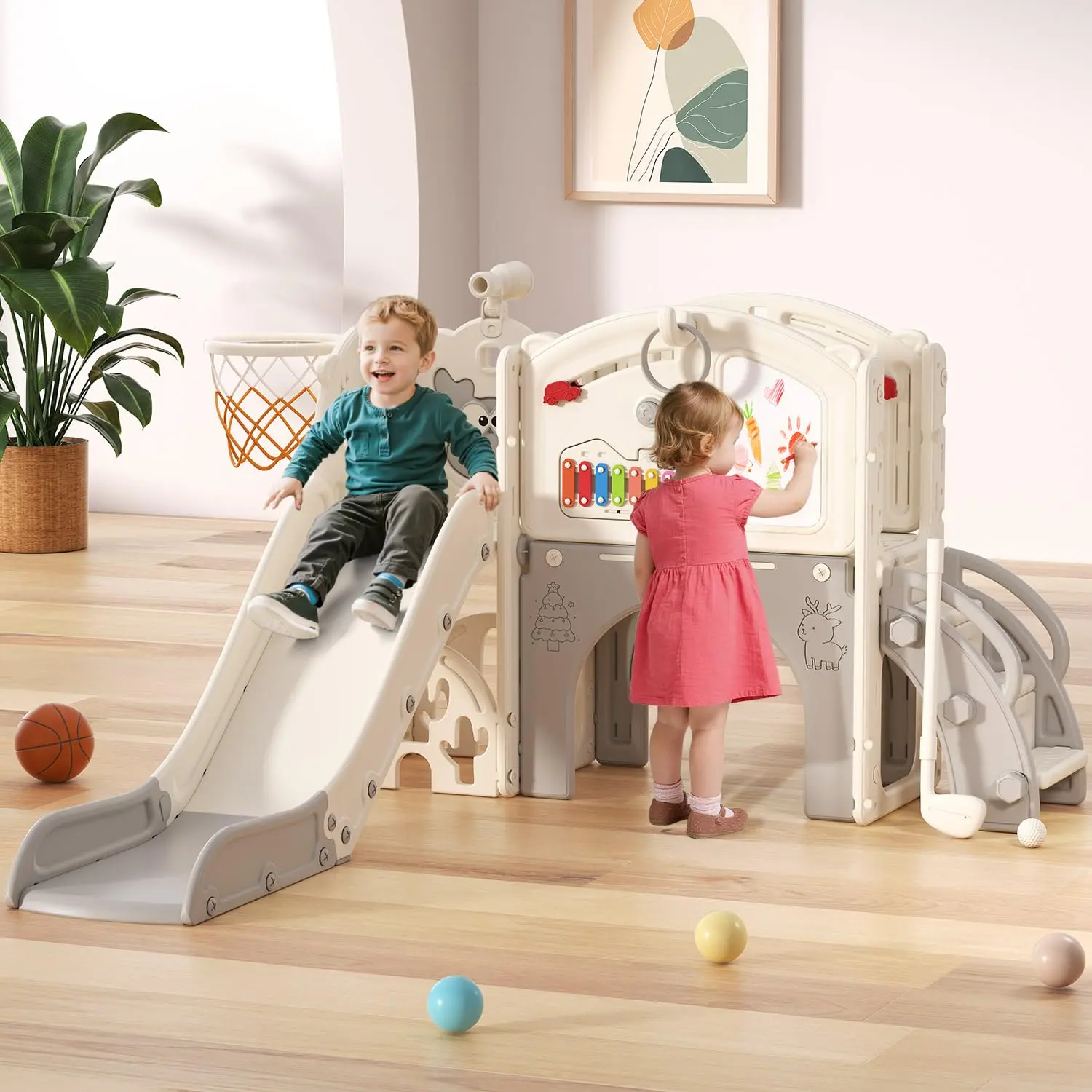 BIERUM 13-in-1 Toddler Slide Playset - Lightweight Playground Equipment with Basketball Hoop, Golf Game, Chalkboard, Balance Features, Cream & Gray Sports Outdoor Toy for Ages 1-3 Toddler Gifts