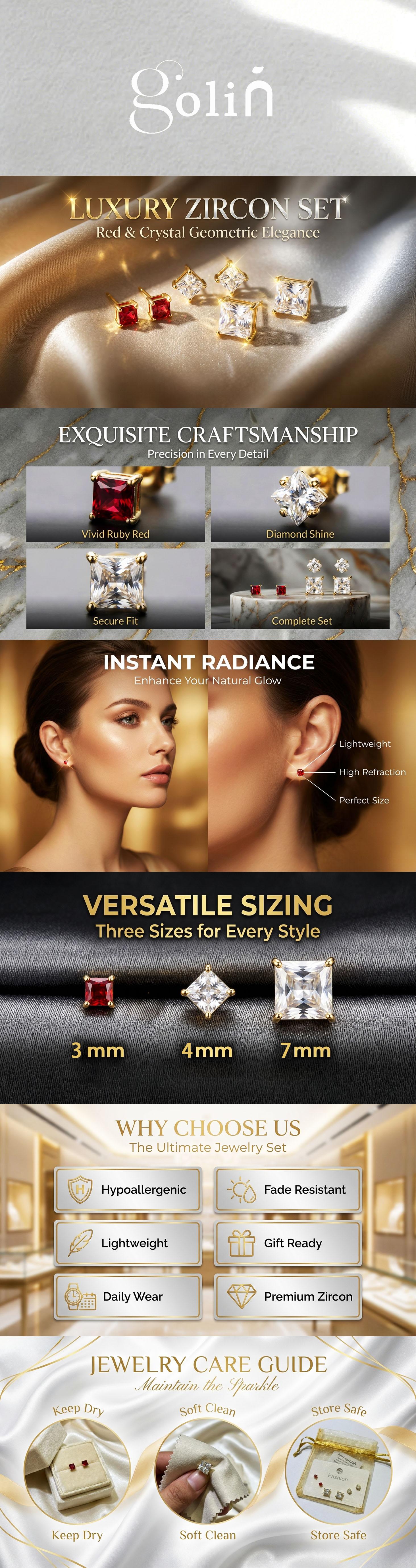 3 Pairs Gold Square Zircon Stud Earring Set -Summer Daily & Date Wear Dainty Jewelry accessories