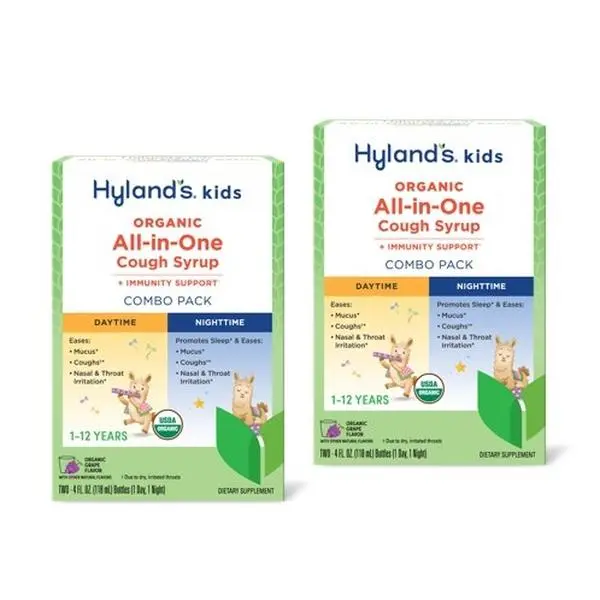 Hyland's Organic Kids All-in-One Cough Syrup Combo Plus Immune Support - Daytime and Nighttime 2 Pack