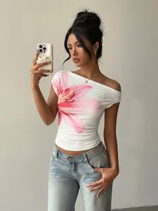2026 Coquette Y2K Lily Print, Floral Off-Shoulder Bodycon Baby Tee, Soft Stretch Summer Going-Out Top, Asymmetric Neckline Slim Fit Casual Streetwear Graphic T-Shirt For Women Daily Party Vacation Wear Lightweight Breathable Aesthetic Flor