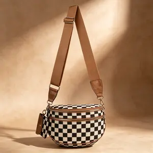 Black & White Checkered Crossbody Bag with Mini Pouch - Women's Adjustable Strap Chest Bag for Everyday UseFashionable Plaid Shoulder Bag