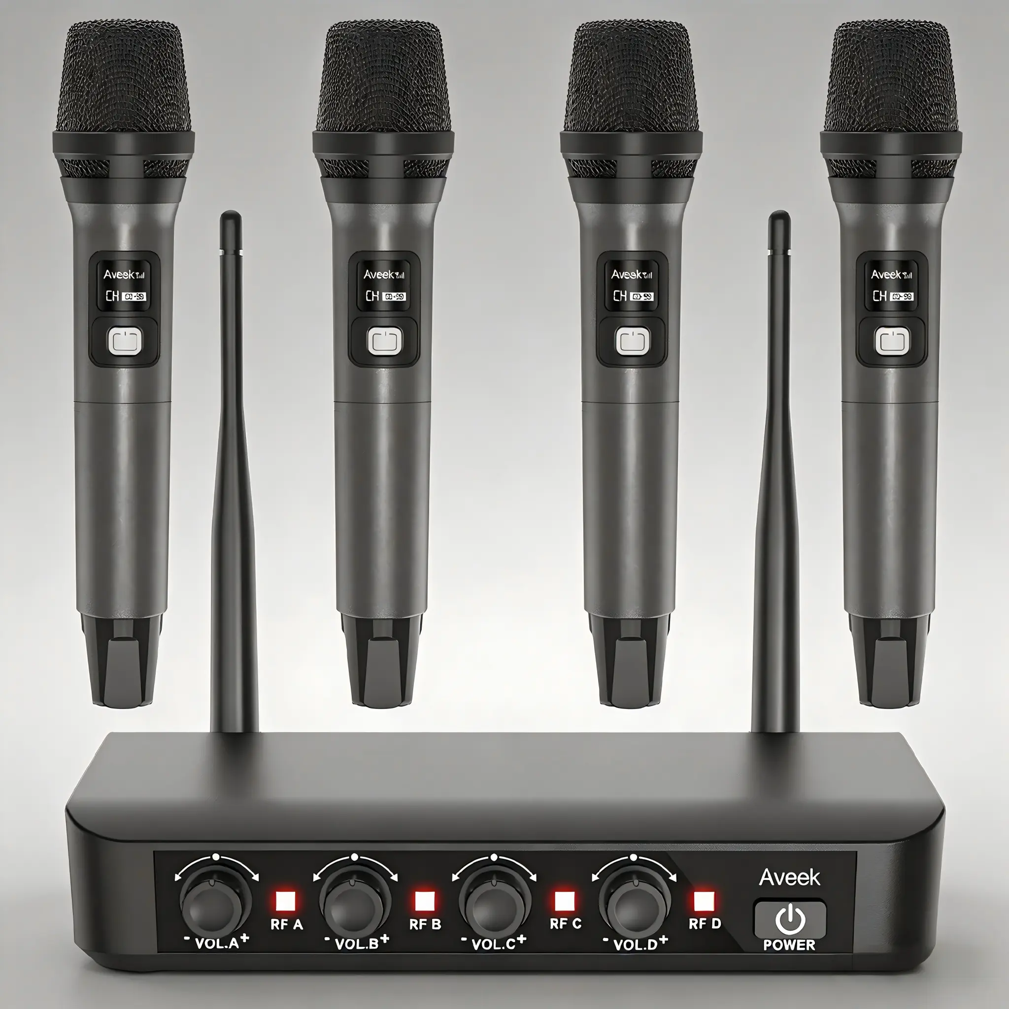 Aveek Wireless Microphone System with 1x Wireless Receiver, 4-Pack Dynamic Mics, 256ft Long Range, 40-Hour Rechargeable Battery, Low Latency Studio Audio, USB Type-C, Manual for Karaoke, Events - Father's Day Gift, 2X Type-C Charging Cables