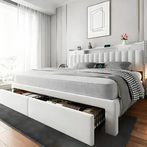 TryLazy Bed Frame with 4 Drawer, Headboard with Storage and 2 USB & 1 Type-C Charging Ports, Noise-Free, No Box Spring Required, Easy Assembly