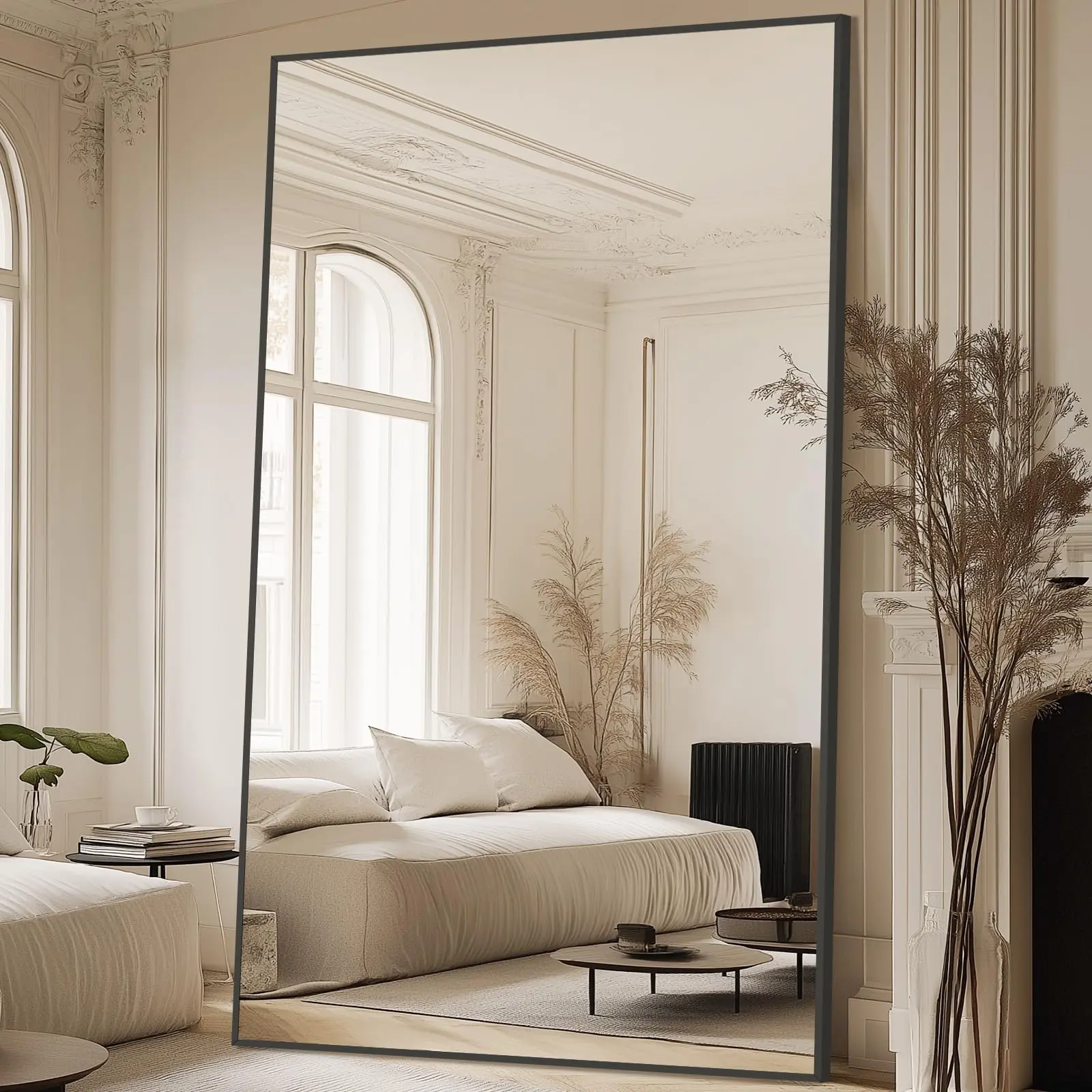26"x71" Arched Oversized Tempered Glass Freestanding Lightweight Modern Black Aluminum Full Body Mirror - Wall-Mountable Home Accessories, Makeup Vanity Indoor Furniture for Bedroom & Aesthetic House Decor
