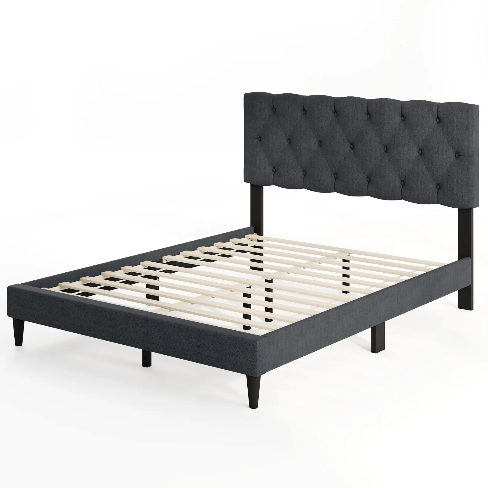 COSTWAY - Upholstered Platform Bed with Tufted Headboard and Wooden Slats Gray-Full Size