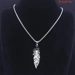 Simple Hip‑Hop Feather‑Shaped Titanium Steel Pendant Necklace Personalized Trendy Daily‑Wear Fashion Jewelry