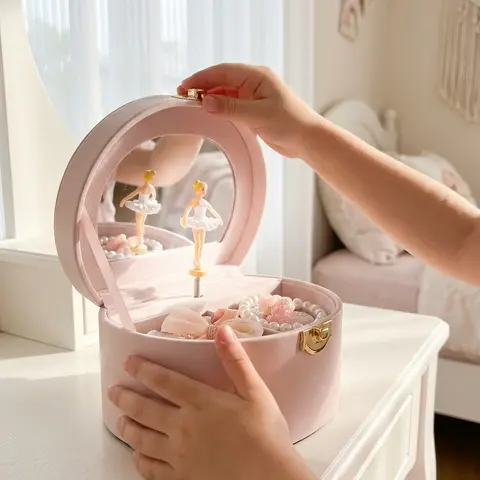 VLANDO Classic Musical Trinket Jewelry Box - Spinning Ballerina, Halfmoon Charm, Watercolor Design, Large Storage Organizer, Mirror, Multifunctional Holder, Delight Girl Room Decor, Adds Elegance & Creativity Christmas Girl Gifts
