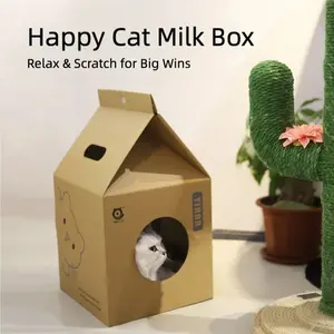 Happy Cat Milk Box - Cat Scratching Board Cardboard Bed Non Shedding Pet Toy Weatherproof Insulated Outdoor House for Relax & Scratch