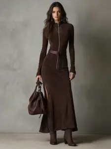 High-Quality Suede New Arrival, Autumn European and American Fashion, Elegant Zipper Stand Collar Dress, Stylish and Chic