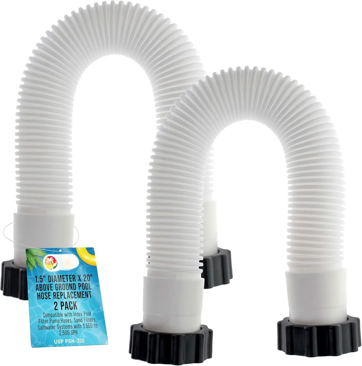 Above Ground  Hose Replacement 1.5" Diameter x 20" Long, Pack of 2 - Compatible with Intex  Filter Pump Hoses, Sand Filters, Saltwater Systems with 1,500 to 2,500 GPH
