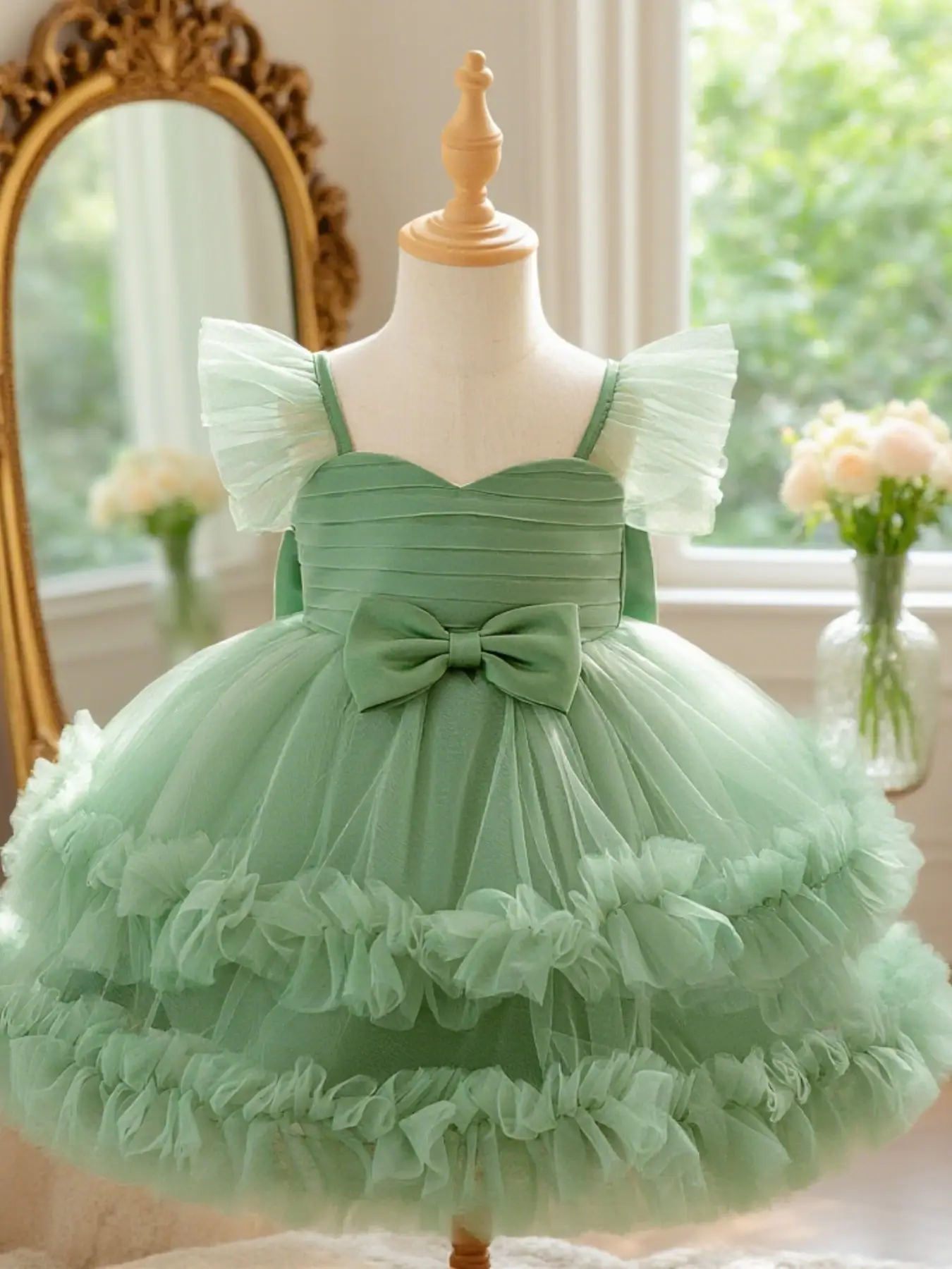 Elegant Baby Girl Floral Tulle Dress for Parties Ideal for School Performances and Weddings Perfect for Birthday Celebrations, Sweet Green Dress