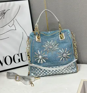 Women's single shoulder bag, diamond-embellished woven handbag, spacious crossbody bag ideal for shopping and travel