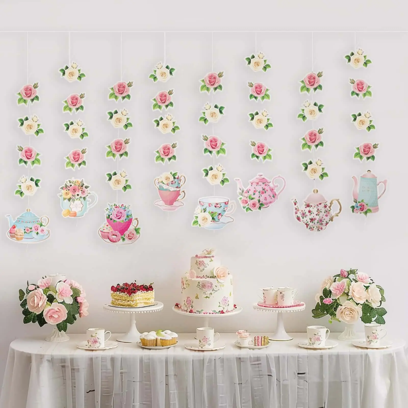 8-Pack Pre-Assembled Double-Sided Artificial Flowers Hanging Ornaments, Mixed Teapot Paper Garland Banner - 40 in Hangable Floral Decorations for Tea Party Baby Shower Home Festive Supplies