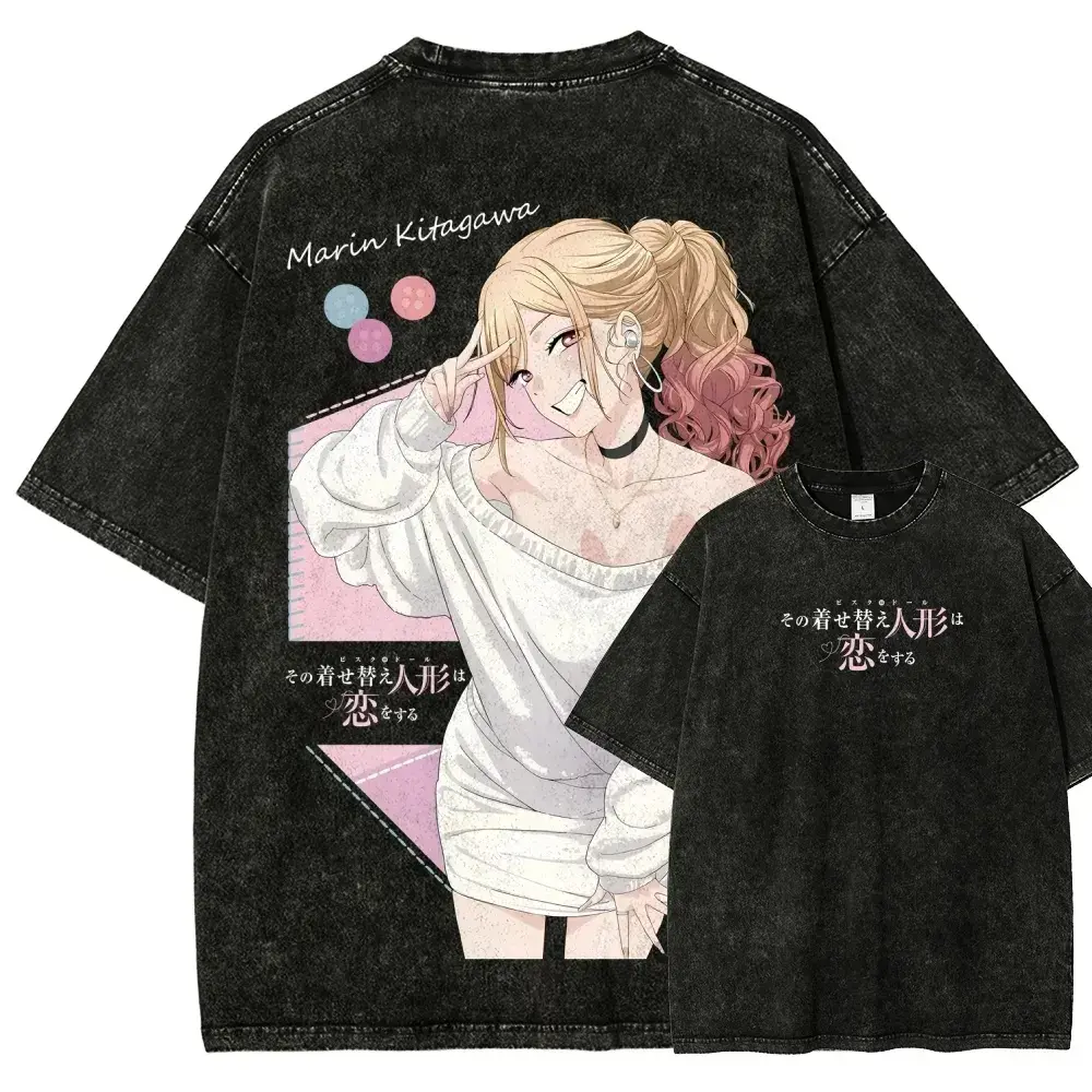 Retro Unisex Marin Kitagawa Anime Graphic T-Shirt - Heavyweight Acid Wash Cotton, Oversized Casual Fit Shortleeve, Round Neck, Double Stitch Hem, Soft Streetwear Top for Work Matching