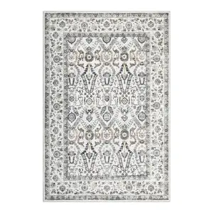 10x13 Washable Area Rug - Persian Boho Vintage Design, Ultra-Thin Foldable Low Pile Rug, Non-Shedding Pet & Kid Friendly for Bedroom, Dining Room, Home Office, Light Grey