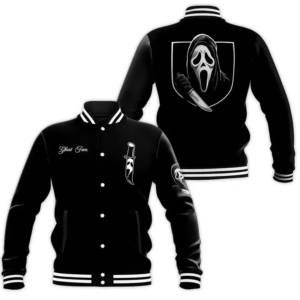 Horror Ghost Face Varsity Jacket, Unisex Varsity Baseball Jacket, Casual Sport Streetwear Coat