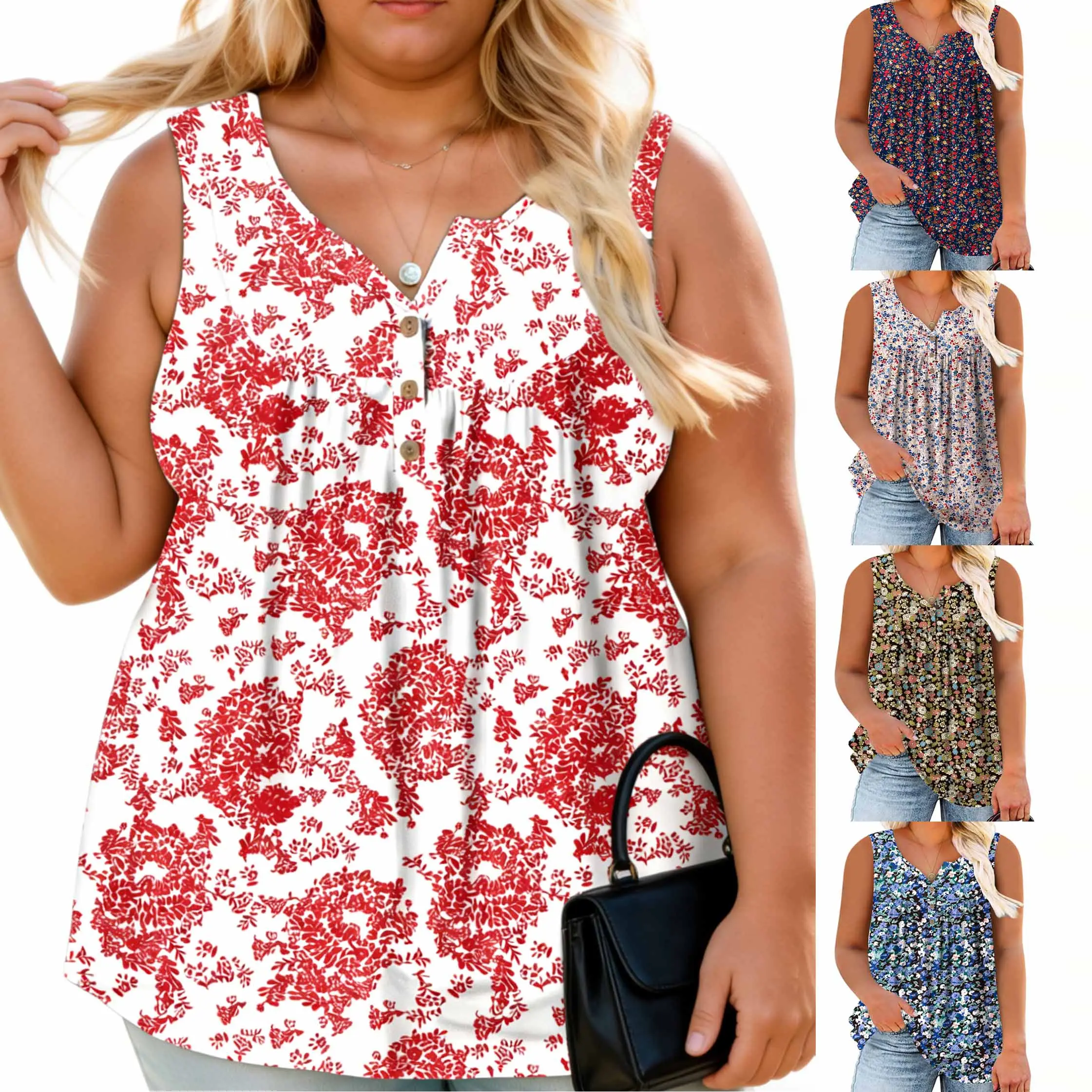 Women's Plus Size Floral-4 Henley Sleeveless V-Neck Tank Tops, Soft Breathable Comfortable Fabric, Loose Big Arm Friendly Style, Elegance Summer Casual Button Tees, 14W-28W RPS2103 Printed Tops