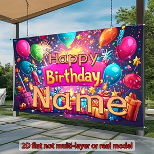 1PC,2D Flat Custom Name Happy Birthday Backdrop, Colorful Balloons & Gifts Themed Party Banner, Personalized Birthday Decor Background Cloth for Outdoor Indoor Party Scene Decoration