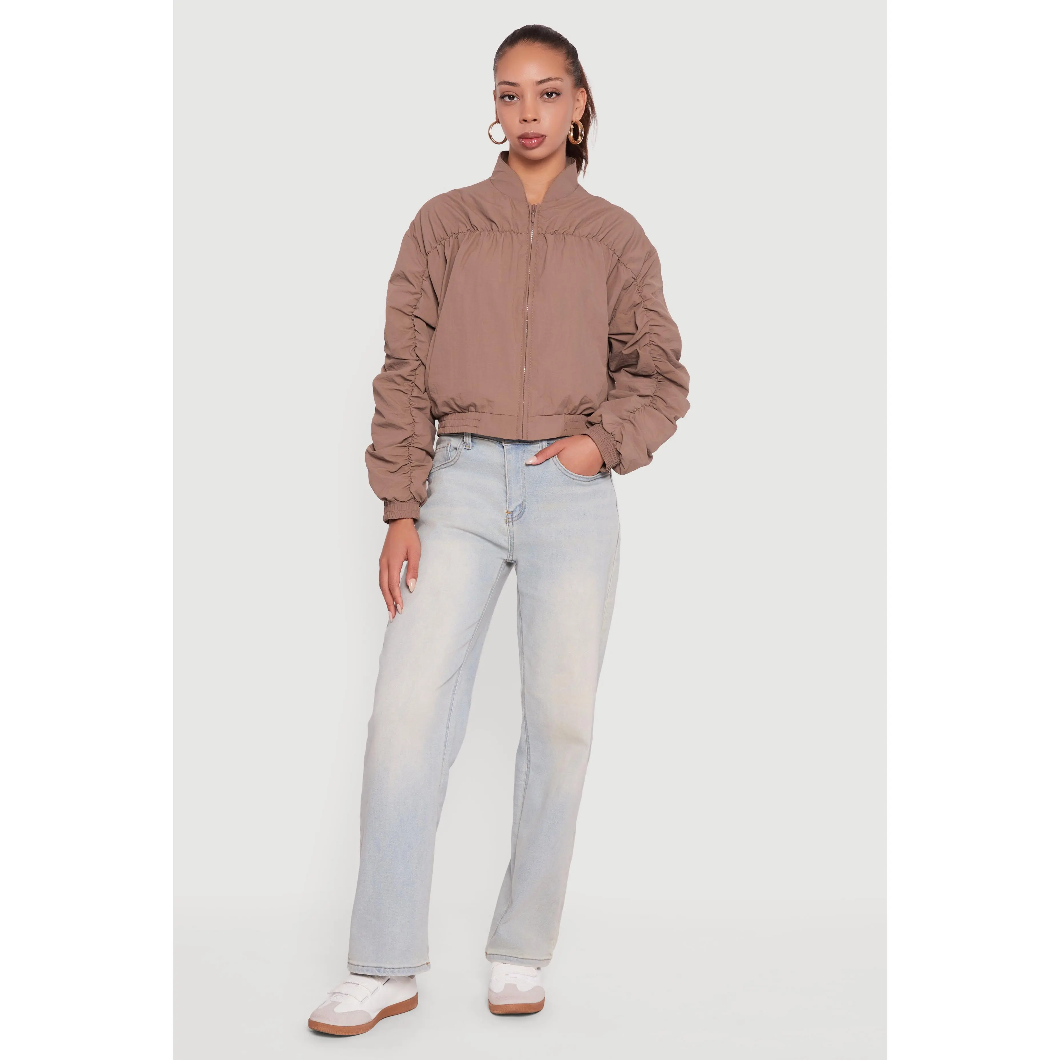 Ruched Long Sleeve Zip Front Windbreaker Jacket