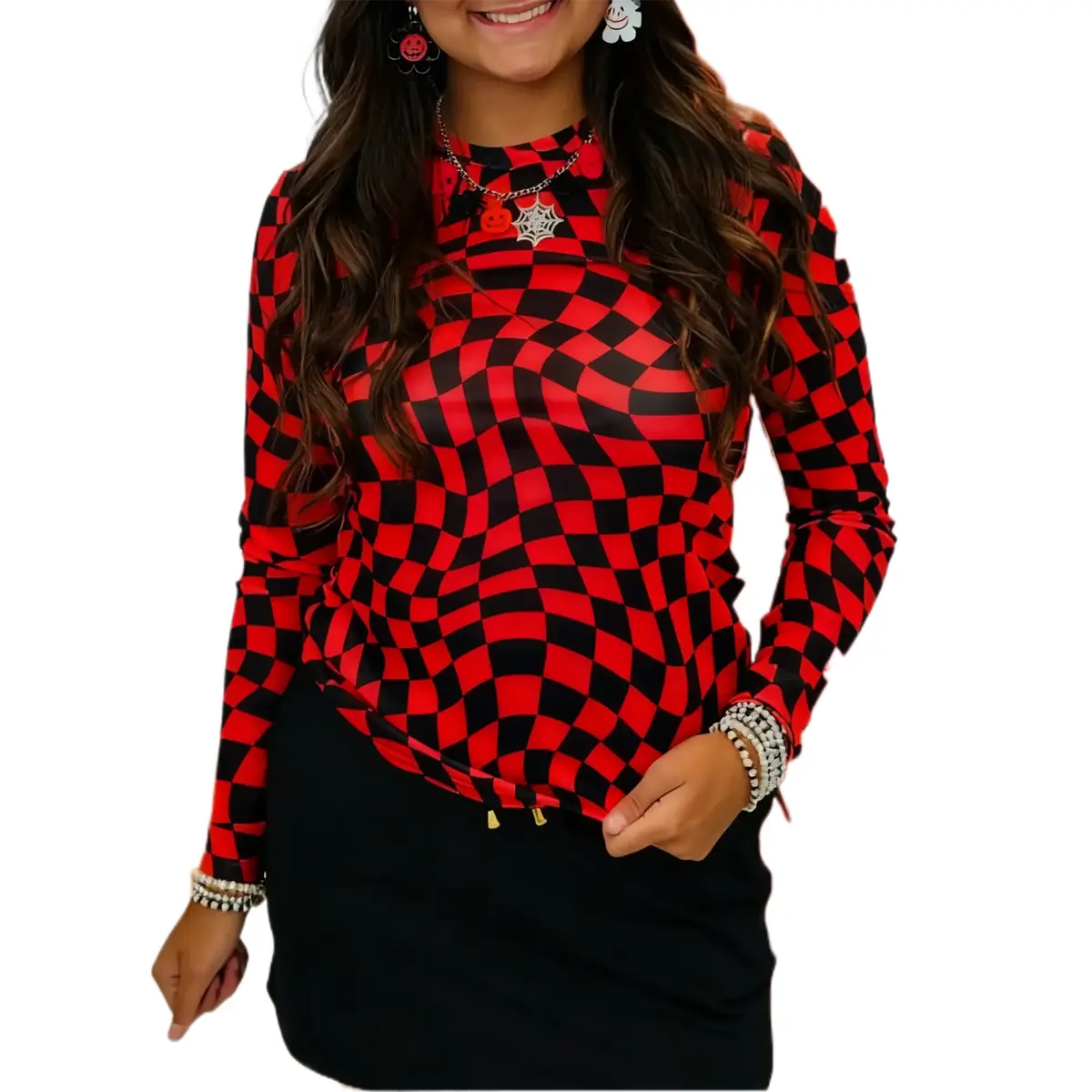 Mntaor Women's Mock Neck Blouse, Long Sleeve Checkered Print Mesh Top for Casual Going Out,Winteroutfit