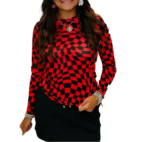 Mntaor Women's Mock Neck Blouse, Long Sleeve Checkered Print Mesh Top for Casual Going Out,Winteroutfit