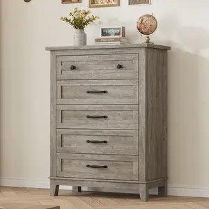 Gaomon 5-Drawer Vertical Dresser - 41.3" Tall MDF Wood Storage Cabinet with Wood Drawers, Concave Convex Design, Freestanding Grey Sideboard Cabinet for Bedroom, Living Room