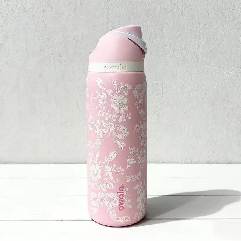 Owala 32oz Ribbon Toile FreeSip Vacuum Flask - Holiday Pink Floral Design Drinkware, Cute Christmas Aesthetic Tumbler, Ideal Christmas Gift