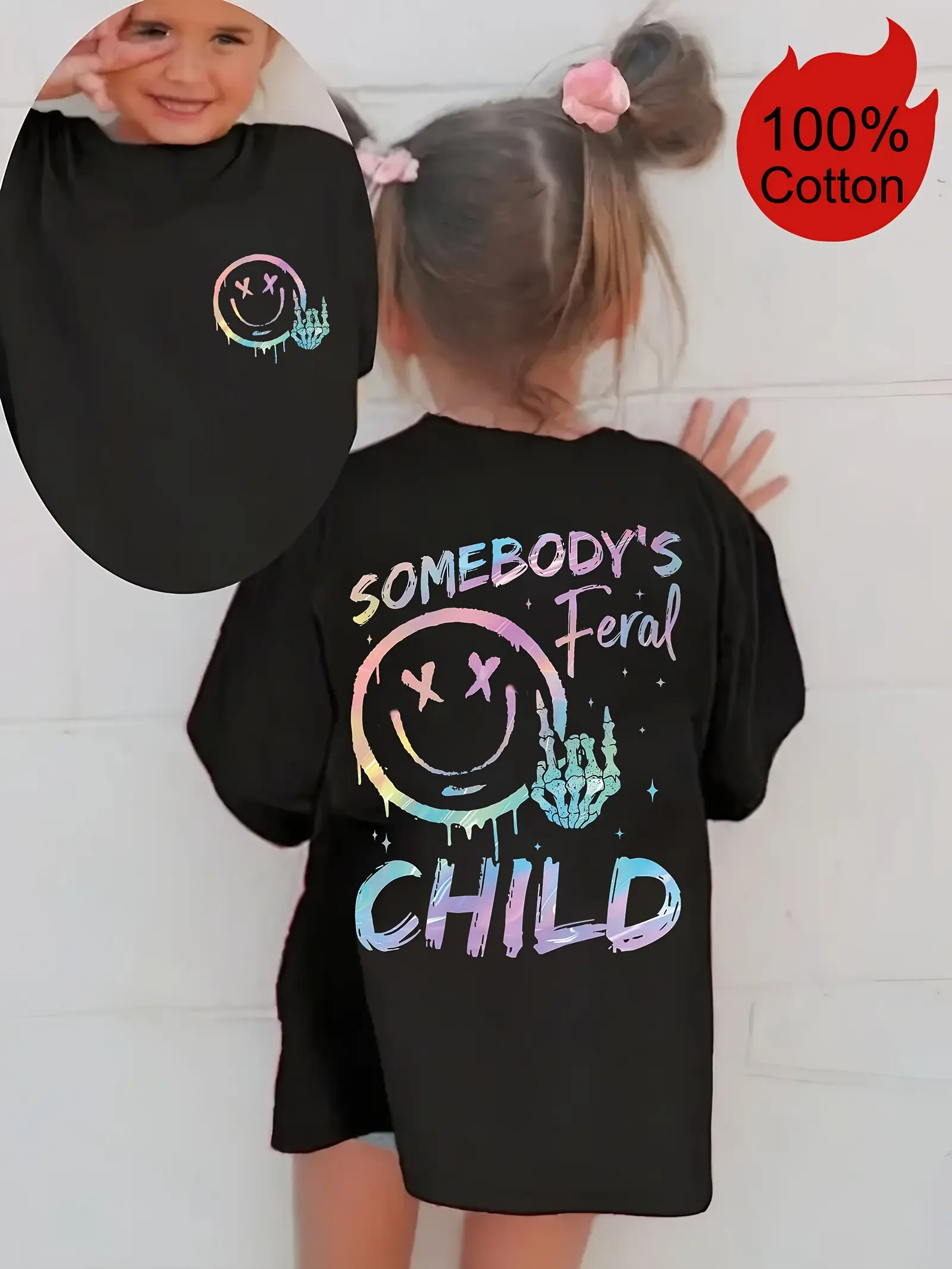 Girls' Pure Cotton Short-Sleeve Cotton Gauge Tee - Iridescent Smiley Face Skeleton, Rock On Letters Print, Mini Logo, Basic Cut, Breathable Soft Streetwear Shirts for 3-4y,4-5y Kids Clothing Girls, Kids Style Party Top, For The Girls