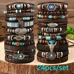 24pcs Retro Buffalo Head Turquoise Cowrie Wood Bead Bracelet Set - Brown Faux Leather with Star & Feather Pendants, Ideal Gift for Friends, Daily Occasion, Campus Event, Everyday Bracelet | Retro Style Bracelet | Durable Faux Leather Bracelet
