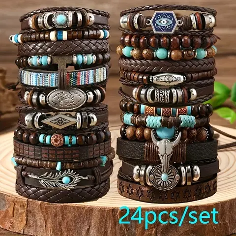 24pcs/6Pcs Retro Buffalo Head Turquoise Cowrie Wood Bead Bracelet Set - Brown Faux Leather with Star & Feather Pendants, Ideal Gift for Friends, Daily Occasion, Campus Event, Everyday Bracelet | Retro Style Bracelet | Durable Faux Leather Bracelet