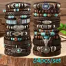 24pcs/6Pcs Retro Buffalo Head Turquoise Cowrie Wood Bead Bracelet Set - Brown Faux Leather with Star & Feather Pendants, Ideal Gift for Friends, Daily Occasion, Campus Event, Everyday Bracelet | Retro Style Bracelet | Durable Faux Leather Bracelet