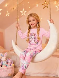 girl's unicorn print pajama set, round neck long sleeve top & pants, casual comfy pyjama set for kids, kids sleepwear for spring & fall