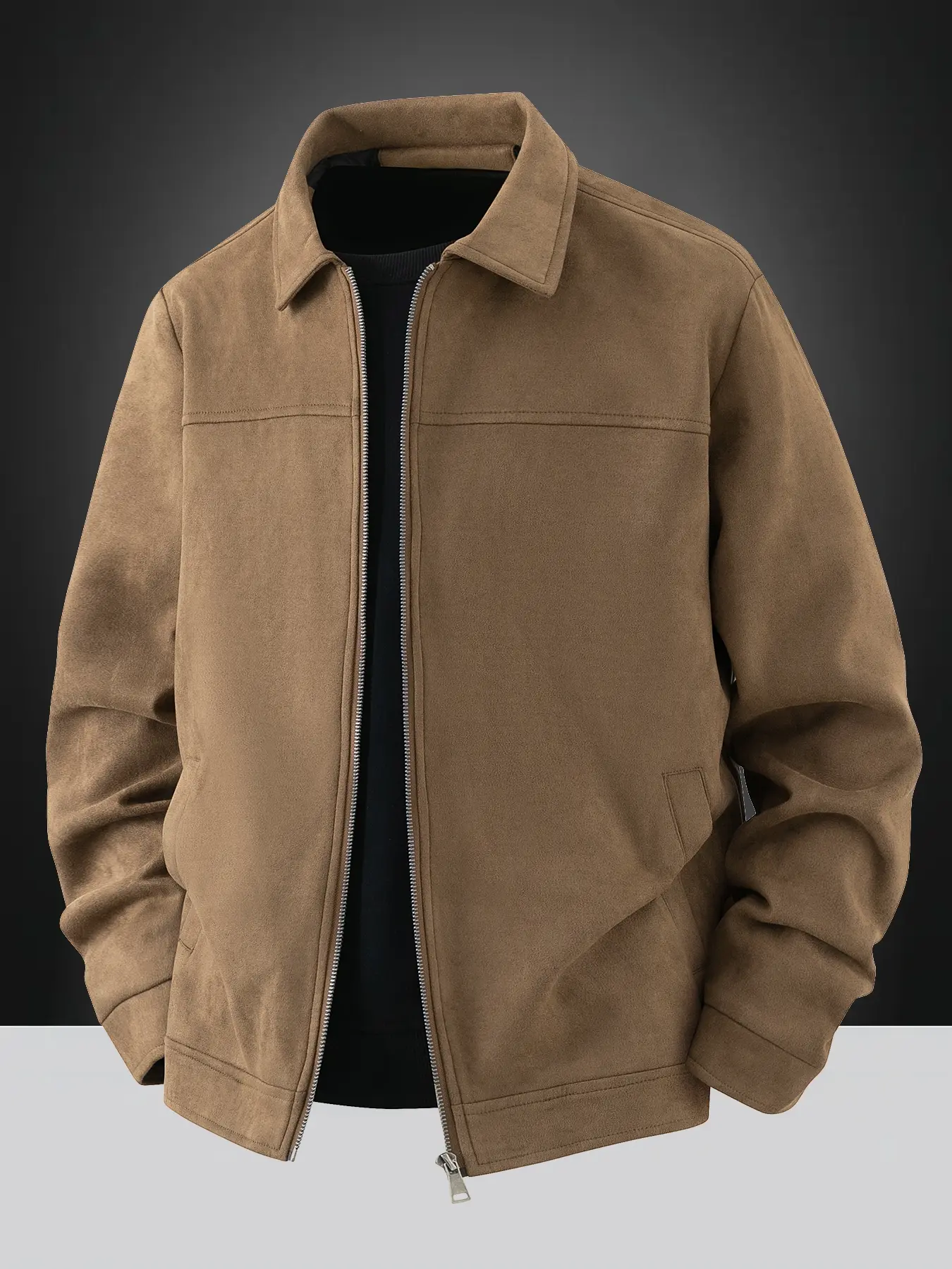 Men's Faux Suede Casual Jacket, Casual Fashion Collared Coat, Lightweight Zip Coat, Solid Zip Front, Zipper Closure, Collar Design, Long Sleeve, Plain Light Business Style, Durable Fabric, Casual Zipper Outerwear