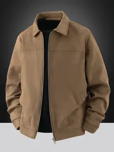 Men's Faux Suede Casual Jacket, Zipper Closure, Collar Design, Plain Light Business Style, Durable Fabric