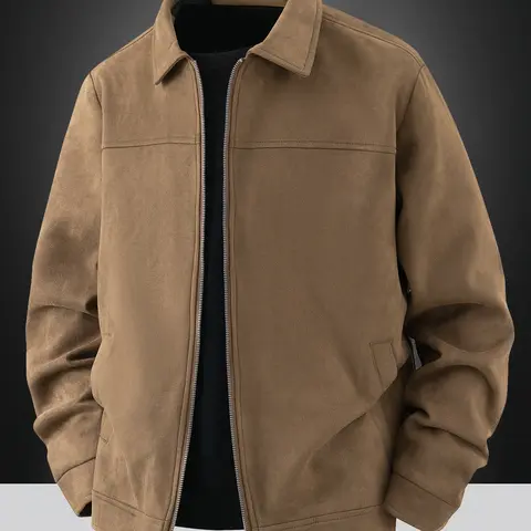 Men's Faux Suede Casual Jacket, Zipper Closure, Collar Design, Plain Light Business Style, Durable Fabric