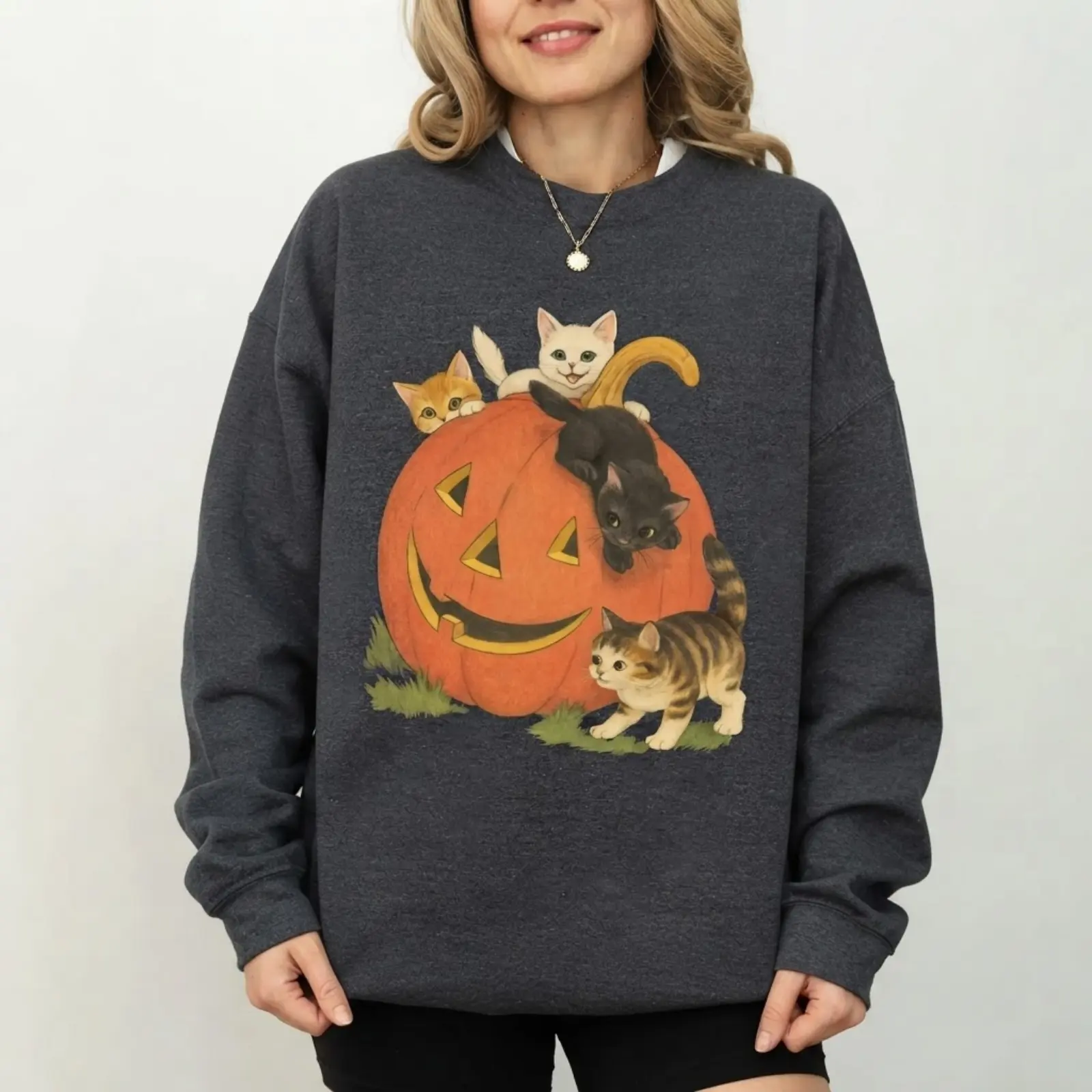 Vintage 90s Halloween Cat Crewneck Sweatshirt, Retro Cute Cats and Jack-o’-Lantern Graphic, Fall Spooky Season Pullover Sweater, Cotton Fabric, Women's Hoodie, Retro Grunge Gift, Unique Tops, Vintage Graphic Tee, Unisex Crewneck T-shirt
